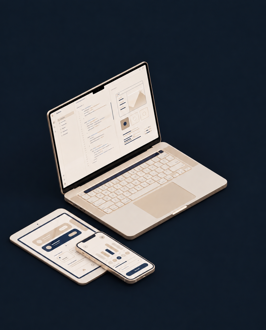 Laptop, tablet and smartphone in ivory and champagne gold